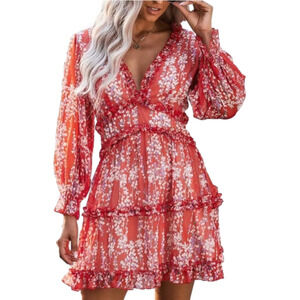 Womens Deep V Neck Red Ruffle Long Sleeve Floral Print Mini Dress